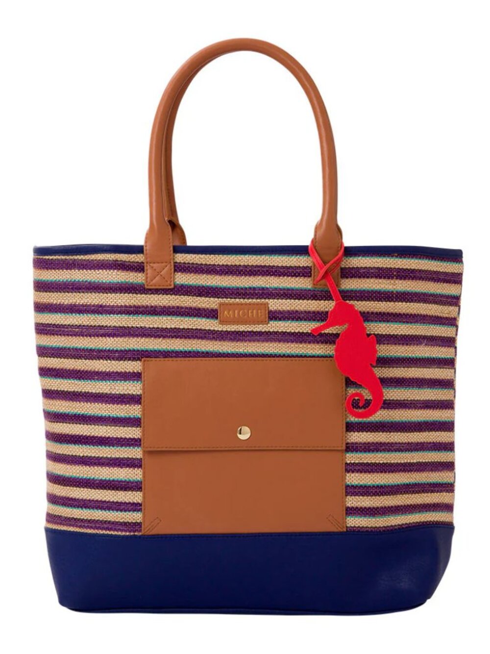Miche Woven Beach Tote Blue Tan Striped Red Interior Medium Size